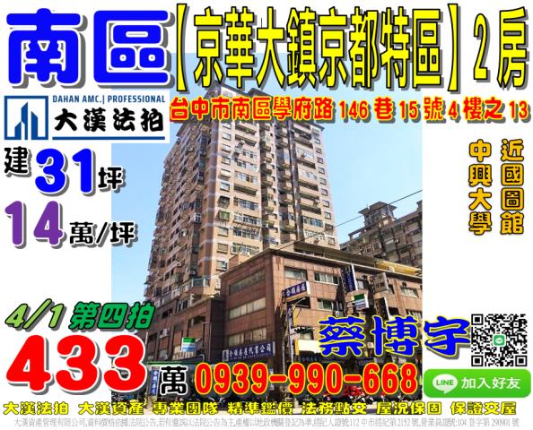 南區學府路146巷15號4樓之13京華大鎮京都特區法拍屋中興