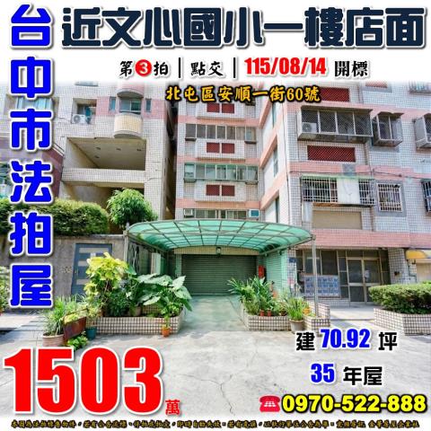北屯法拍屋安順一街60號一樓店面近文心崇德捷運站文心國小